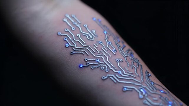 Delicate and detailed tattoos of circuit patterns adorn a person's arm, shining subtly under soft lighting. This unique art blends technology and creativity in an impressive way.