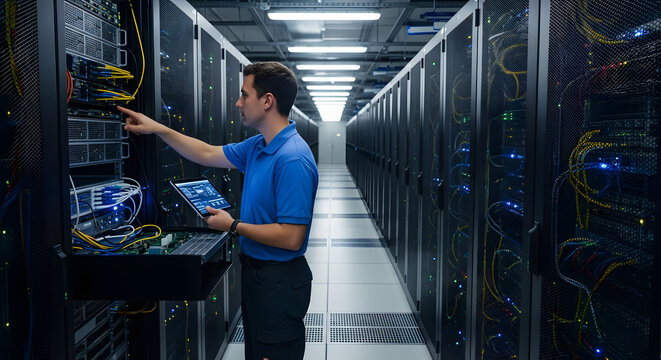 Technician manages server hardware in data center Modern facility with network racks and expert personnel for efficient system maintenance