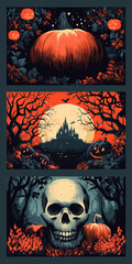 halloween triptych with glowing pumpkin, haunted castle, and skull in eerie forest scenes using vivid orange, black, and blue tones