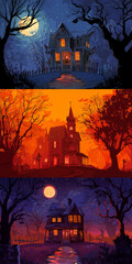 haunted house triptych with victorian, gothic, and surreal architecture in moonlit blue, fiery orange, and purple night settings with eerie trees and shadows