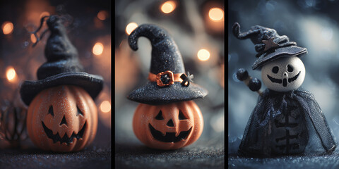 halloween triptych with three uniquely styled pumpkin figures in witch hats and spooky attire against glowing festive backgrounds