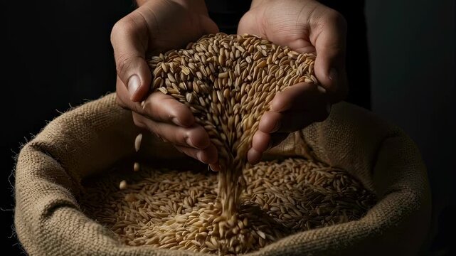 Man's hands pouring grain into a burlap sack, depicting agricultural produce and harvesting process. Farming and food production footage.