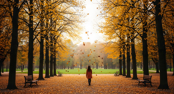 A woman walks through an autumnal park filled with vibrant orange foliage and falling leaves basking in the serene beauty of nature - Powered by Adobe