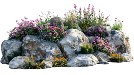 Rock Garden with Pink Flowers Outdoor Decoration Floral Landscaping Natural Stone Plant Decor Spring Blossom