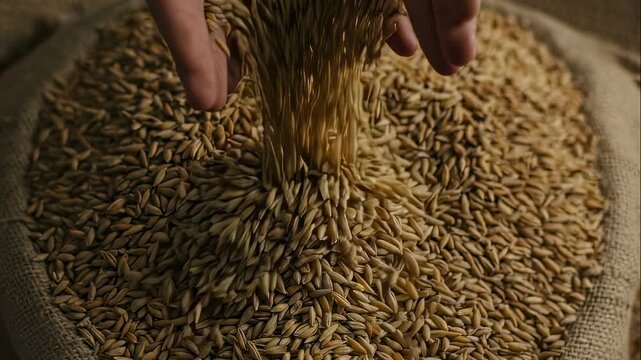 Woman farmer hands sifting and inspecting harvest grain seeds over a large sack of cereals, agriculture footage.