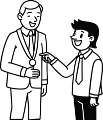 Fototapeta premium Smiling businessman congratulating another man wearing a medal and suit celebrating achievement and success