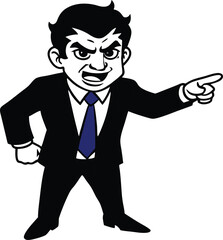 Angry businessman in a suit and tie pointing accusatorily with a fierce expression and aggressive body language
