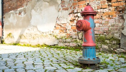 Weathered red fire hydrant stands next to crumbling brick wall and cobblestone street