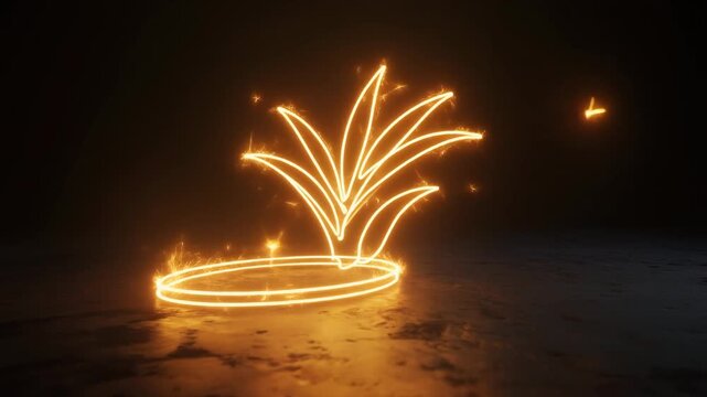 Animated abstract neon palm with Tesla coil sparking energetically on a dark surface, creating a glowing spectacle of light, innovation, and modern conceptual design.