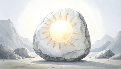 A sun symbol on a rough rock in a desolate landscape, glowing brightly