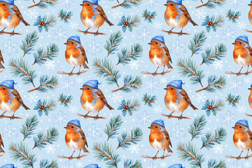 Seamless watercolor pattern for New Year's. Cute winter robin in hat, fir branches, snowflakes. Perfect for prints, textiles, packaging, festive decor.