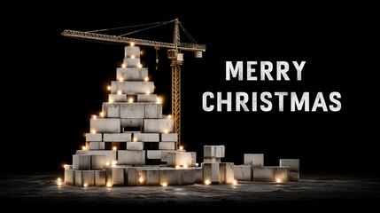 crane on construction site stacking concrete blocks, shape of Christmas tree, Christmas theme in construction industry. Christmas tree, decorated with construction lights. Merry Christmas. Poster, ban