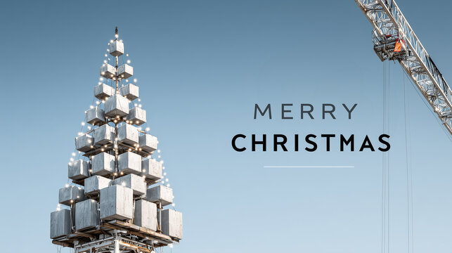 crane on construction site stacking concrete blocks, shape of Christmas tree, Christmas theme in construction industry. Christmas tree, decorated with construction lights. Merry Christmas. Poster, ban
