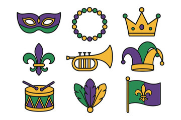 Collection of mardi gras icons including mask beads crown jester hat drum flag fleur de lis © mdalhazsarkar
