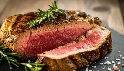 A juicy, medium-rare steak sliced and garnished with rosemary on a dark slate plate