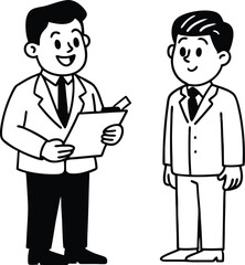 Obraz premium Two businessmen in suits standing and talking one holding a document illustrating communication and business discussions in a simple cartoon style