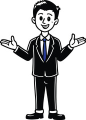 Friendly cartoon businessman in a suit with arms outstretched in a welcoming gesture offering assistance or presenting an idea