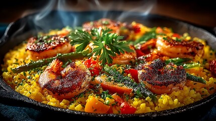 Colorful seafood paella with herbs and spices high resolution picture