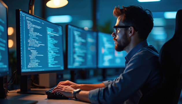 Man works on computer with code on monitors. Programmer types on keyboard in dark office, focused on screen. Cybersecurity specialist checks system.