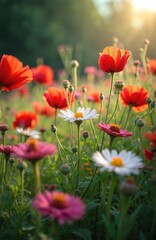 Fototapeta premium Field of red poppies and white daisies in sunlight. Gentle breeze sways bright flower heads. Green stalks and leaves form natural pattern. Sunny day in wild meadow.
