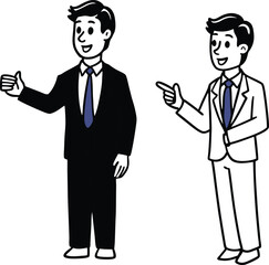 Two cartoon businessmen in suits pointing and gesturing to the side with friendly expressions and clear white backgrounds for easy compositing