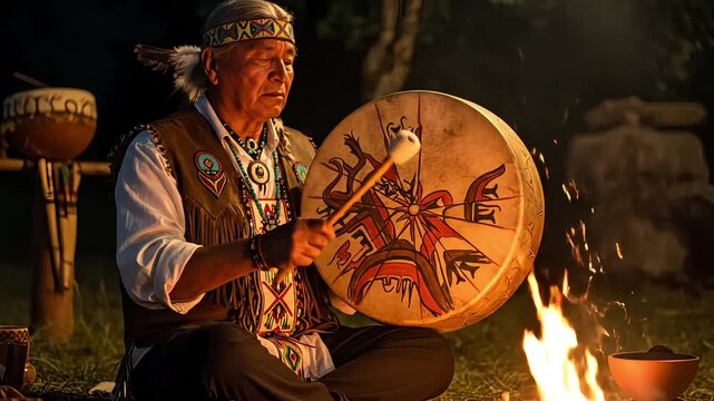 Indigenous elder with a spiritual expression playing a traditional drum, performing a sacred ritual by a campfire at night