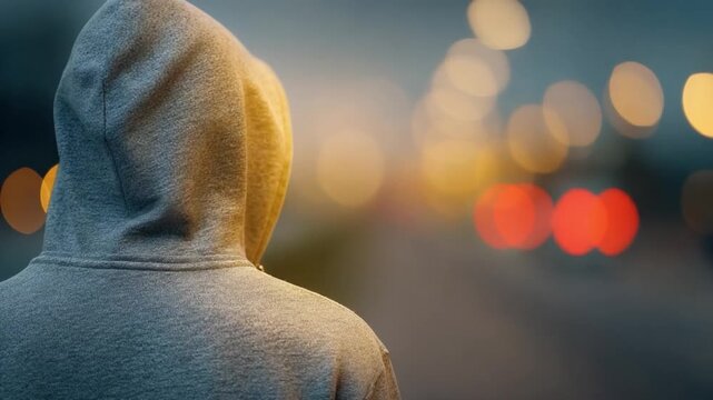 Lone Figure Amidst City Lights: An individual shrouded in a hooded sweatshirt strolls into the captivating dance of city lights, evoking a sense of solitary contemplation, urban ambiance.