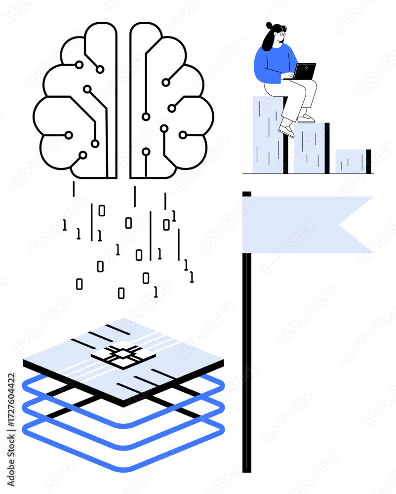 Poster brain with circuits and binary code, data layers, and person on chart bar analyzing with laptop. ide