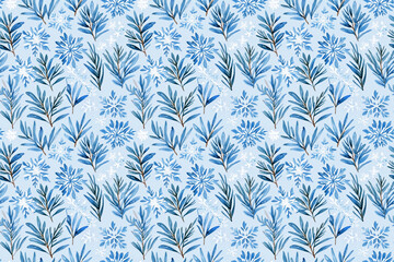 Minimalistic seamless watercolor pattern. Repeating cute snowflakes and delicate branches. Elegant winter illustration perfect for backgrounds, textiles, and decor