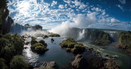 A breathtaking panorama of Iguazu Falls, showcasing cascading water, lush greenery, and dramatic rock formations under a vibrant sky filled with fluffy clouds.