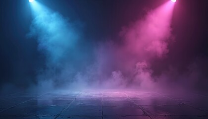 Empty dark stage with blue and pink spotlights creating smoke effect on checkered floor. This abstract background is suitable for concerts, parties, and events.