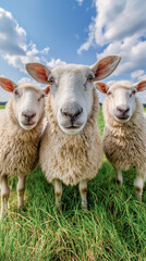 Fototapeta premium Three curious sheep exploring a green field on a sunny day in a natural habitat