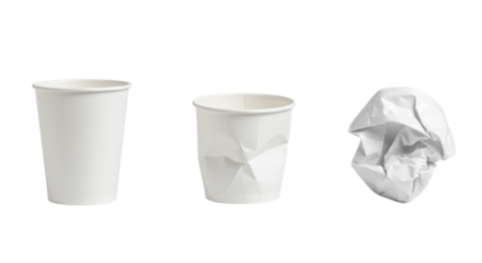 Three white disposable paper cups in sequence: pristine, used, and crumpled, isolated on a transparent background with copy space. Concept of waste and environmental impact