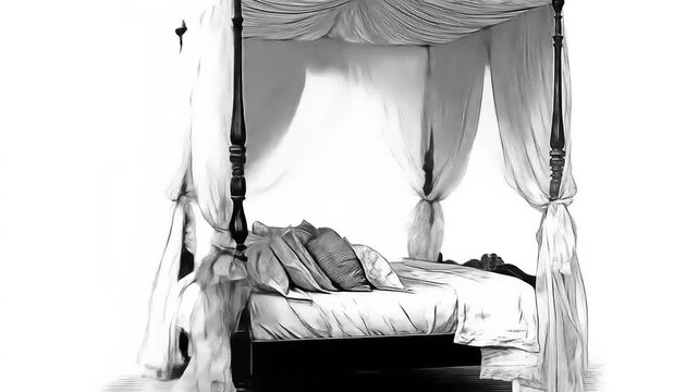 Ornate four-poster bed with delicate canopy, a classic piece of furniture in a black and white drawing.