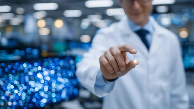 Macro shot of a doctor holding a glowing micro-pill, set against a blurred LED-lit lab, highlighting precision medicine and innovation.