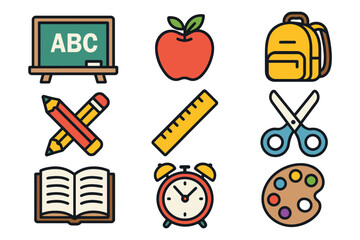 Collection of colorful school supplies and educational icons on a white background