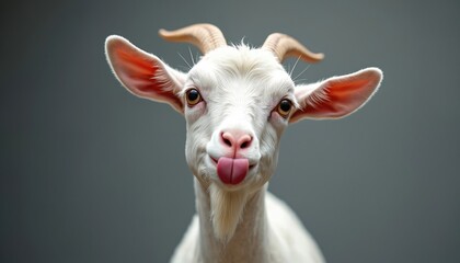 White goat looks forward with tongue out. Funny animal face with large ears and horns stares at camera. Close up portrait of a domestic farm animal.