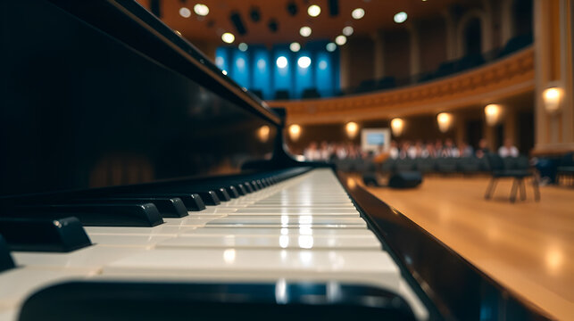 Close-up view of a grand piano keyboard in a concert hall with blurred ence background