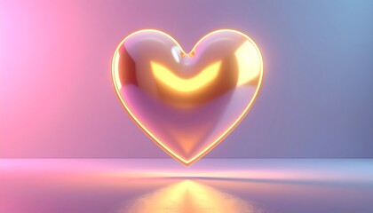 Glossy heart shape hovering above a reflective surface against a gradient background