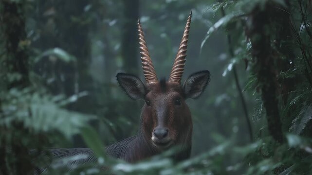 Saola Asian Unicorn Sighting. The elusive, critically endangered Saola in a misty Vietnamese forest, its long horns barely visible through the foliage.