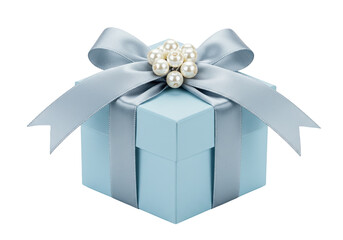 Light blue gift box with ribbon and pearls isolated on transparent background, present for special occasion