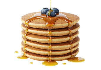 Stack of golden pancakes with blueberries and dripping syrup isolated, breakfast food on transparent background