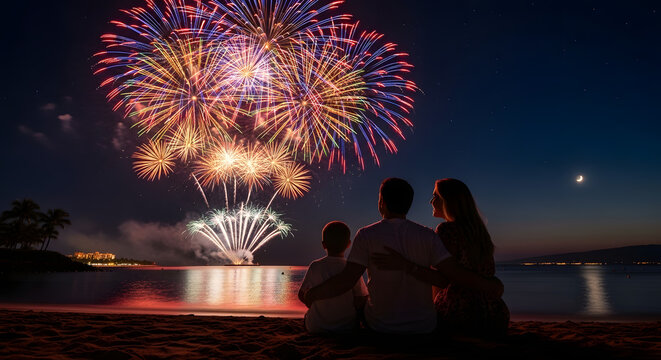 Family watches fireworks : A warm family moment as they embrace and gaze at a vibrant fireworks display illuminating the night sky