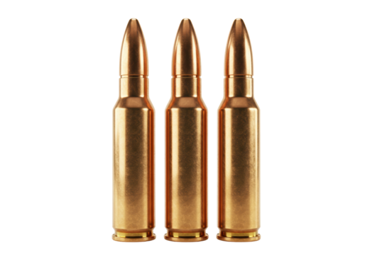 Three golden rifle bullets isolated on white, ammunition for hunting and target practice
