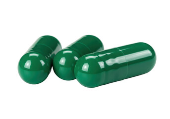 Three green capsules isolated on transparent background, pharmaceutical medication PNG