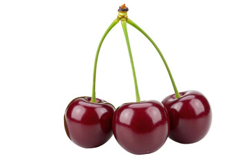 Three ripe dark red cherries isolated on transparent background, fresh summer fruit PNG