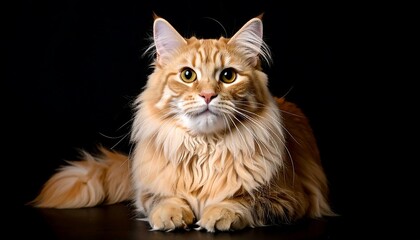 Red Maine Coon cat with long, flowing fur lies against a black background