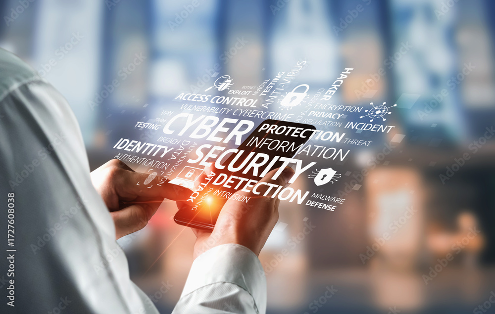 Poster a person holds a smartphone displaying key concepts of cybersecurity, such as protection and detecti