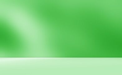 Fototapeta premium Empty green room studio with sunlight effect shadow of leaves. Minimal background for product presentation. Summer spring backdrop. Cosmetic and beauty products display room.