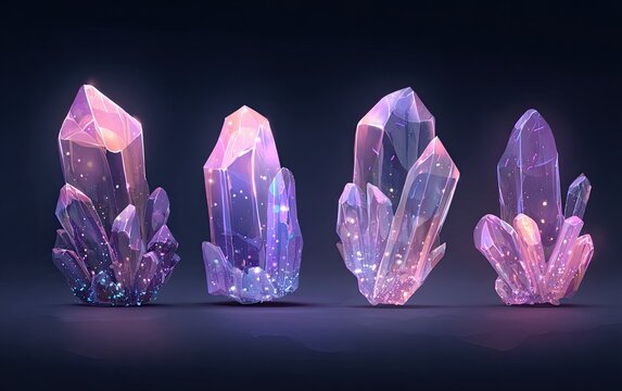 Four glowing, multifaceted crystals in shades of purple and pink, set against a dark background